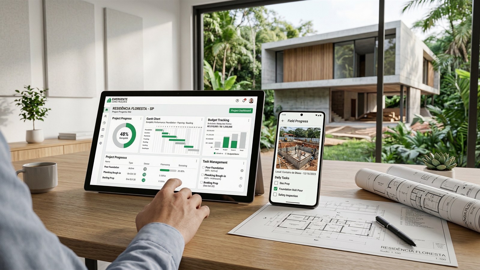 Tela de gestao de obra com andamento e indicadores em tempo real